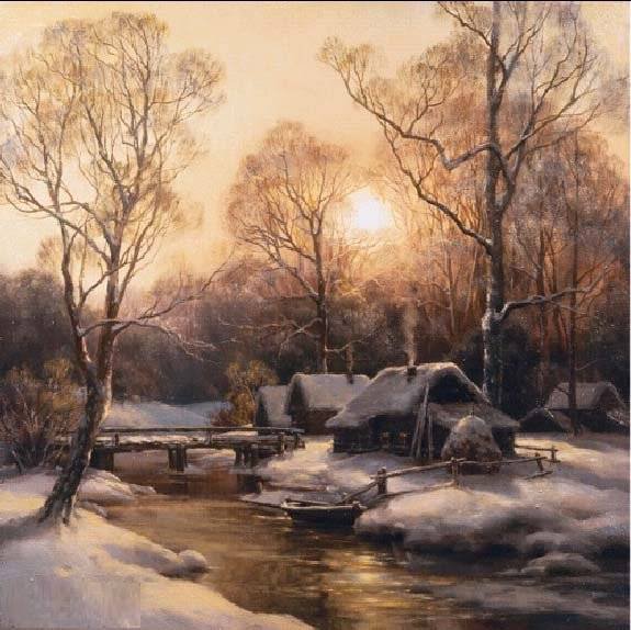 Зимняя деревня.Закат, (По картине М.Сатарова) - снег, домики, зима, закат - оригинал