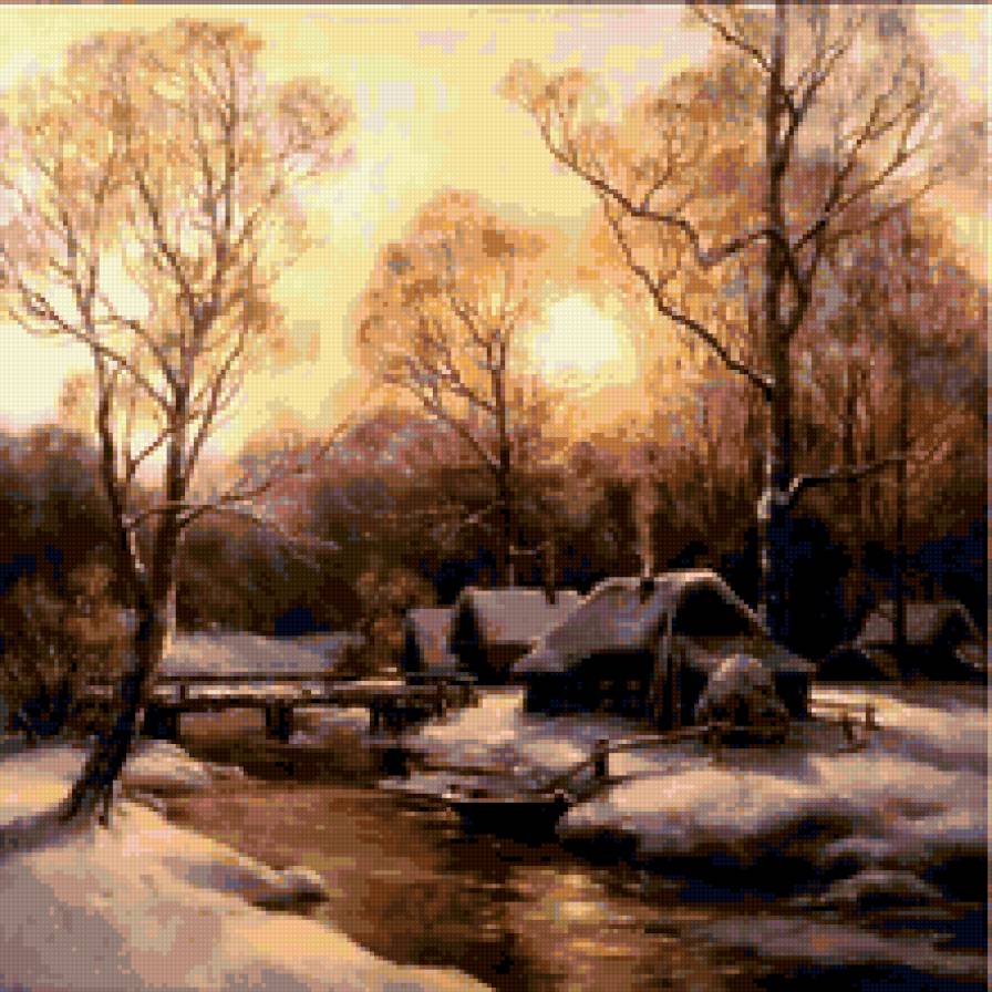 Зимняя деревня.Закат, (По картине М.Сатарова) - зима, снег, закат, домики - предпросмотр