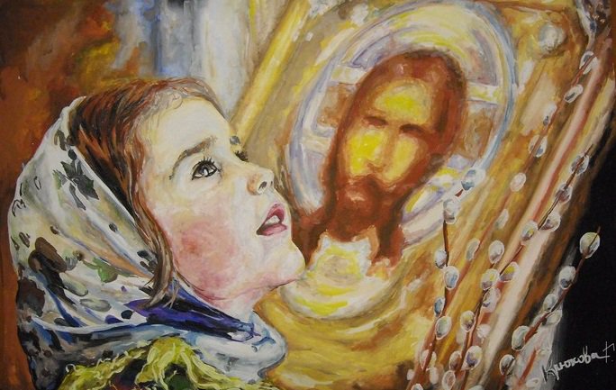 Девочка в церкви - девочка, церковь, верба, ребенок - оригинал