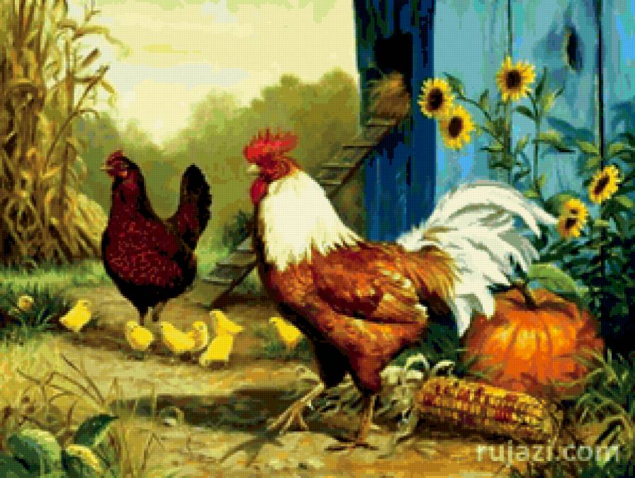 Птичий двор - лето, цыплята, куры, петух - предпросмотр