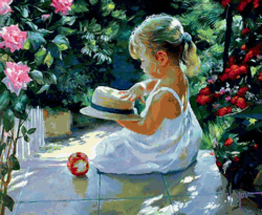 девочка со шляпой - парк, девочка, цветы, ребенок, шляпа, розы, яблоко, дети,  - предпросмотр
