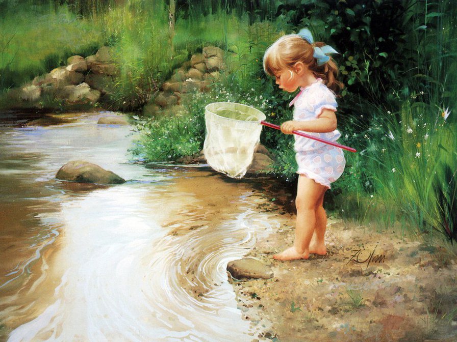 девочка с сачком - природа, вода, река, дети, ребенок, сачок, девочка - оригинал