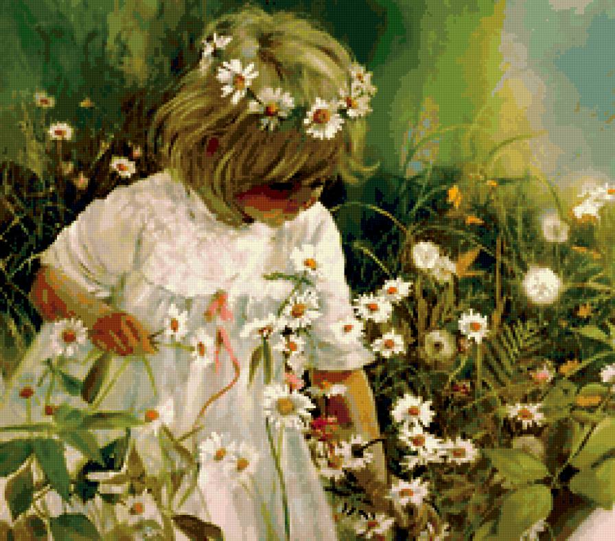 девочка и ромашки - ромашки, цветы, букет, ребенок, девочка, дети, венок - предпросмотр