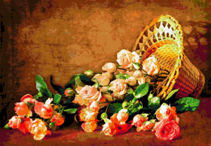 №373918 - цветы, натюрморт, розы, корзина, букет - предпросмотр