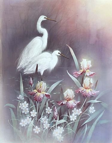 цапли - цапли, ирисы, цветы - оригинал