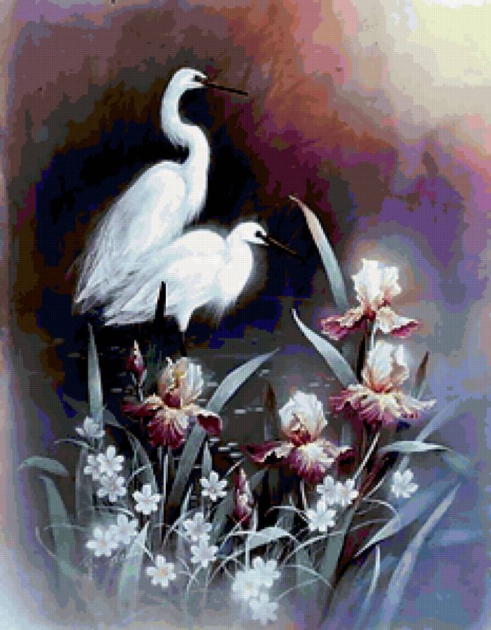 цапли - цветы, цапли, ирисы - предпросмотр