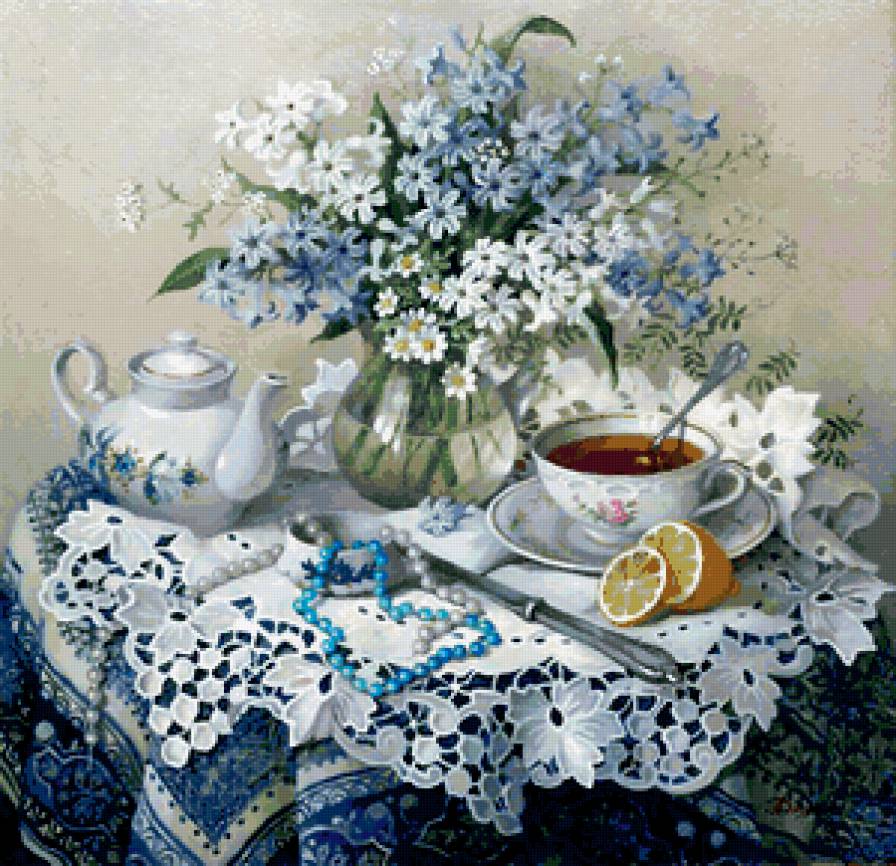 натюрморт - картина, натюрморт, чай, цветы - предпросмотр