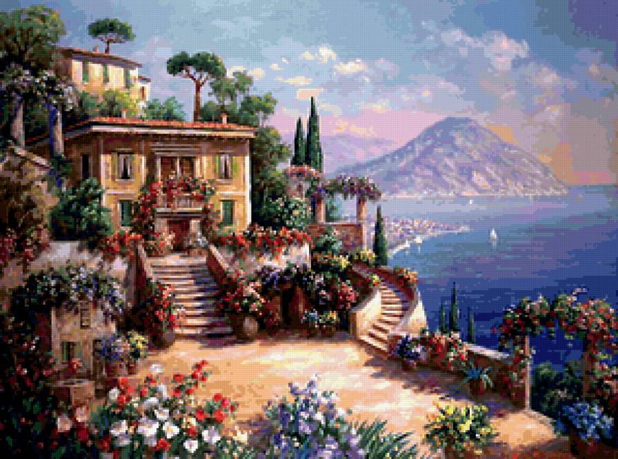 дом на берегу моря - цветы, вода, лето, природа - предпросмотр