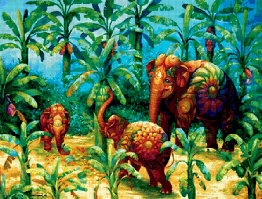 Разноцветные слоны Kris Surajaroenjai  2 - слоны, животные, картина, живопись - предпросмотр