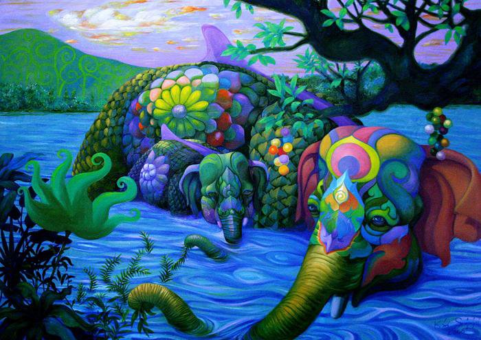 Разноцветные слоны Kris Surajaroenjai  8 - слоны, животные, живопись, картина - оригинал