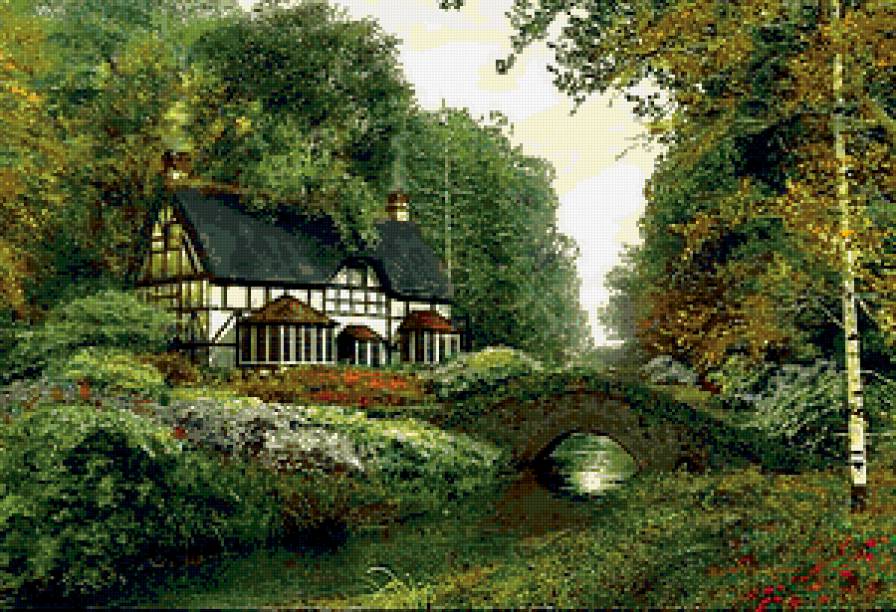 Домик у реки - река, домик, пейзаж, мостик - предпросмотр