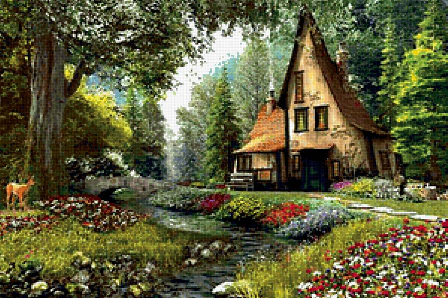 Домик в лесу - домик, лес, пейзаж, мостик, река - предпросмотр