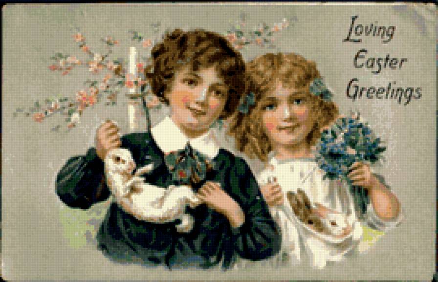 ретро дети - девочка, дети, заяц, ретро, цветы, мальчик, ребенок - предпросмотр