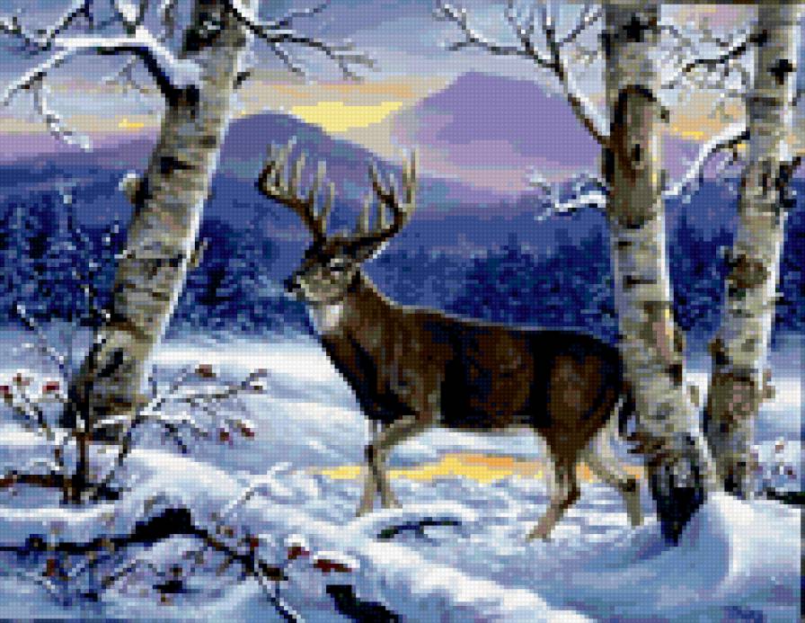 0107 - красота, зима, животные, олень, лес, природа, картина - предпросмотр
