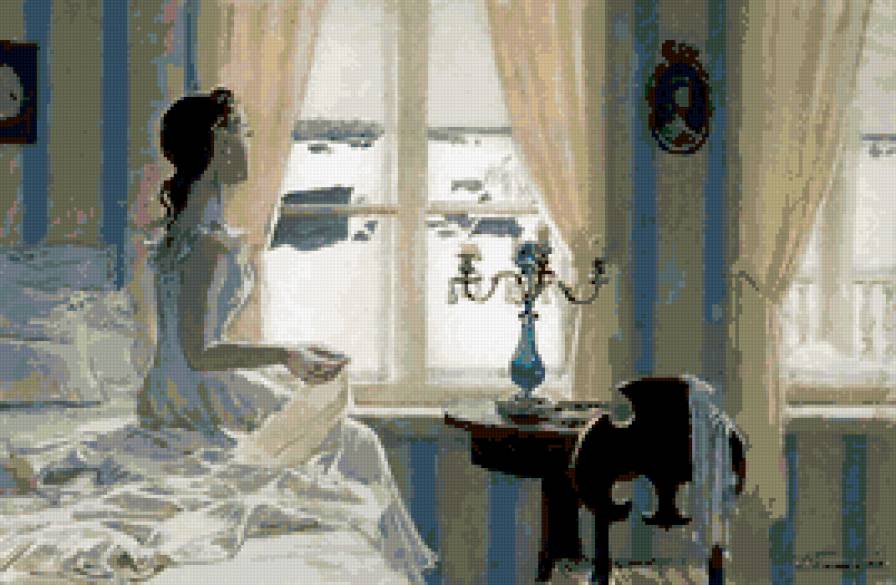 девушка у окна - девушка, она, женщина, окно, подсвечник, образ - предпросмотр