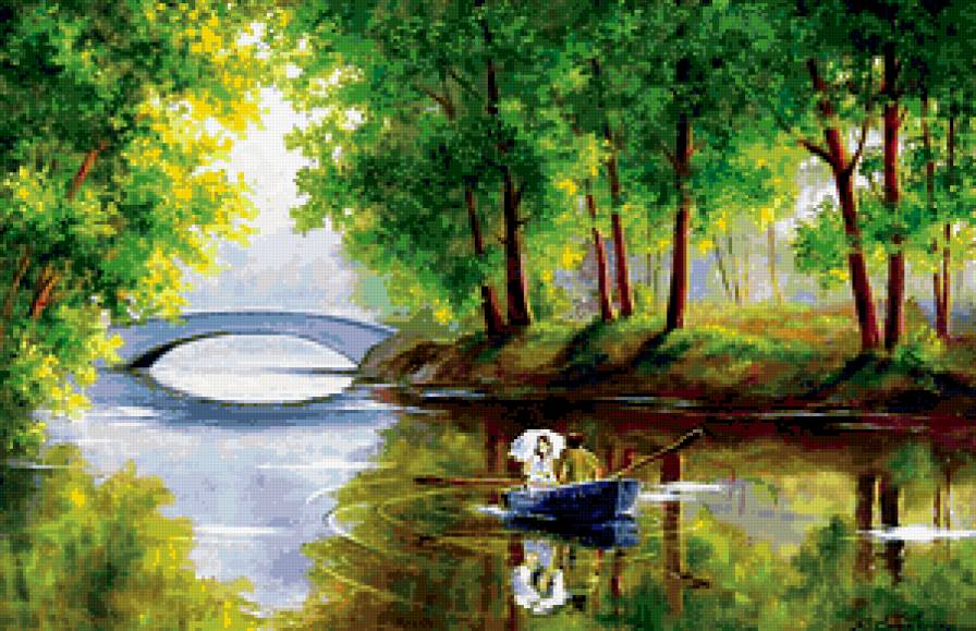 Мир один на двоих - влюбленные, мост, пейзаж, озеро, лодка - предпросмотр