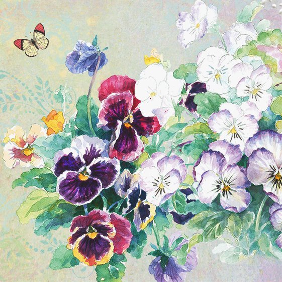 Цветочное панно - анютины глазки, цветы и бабочки, цветы, бабочки, лето, анютки - оригинал