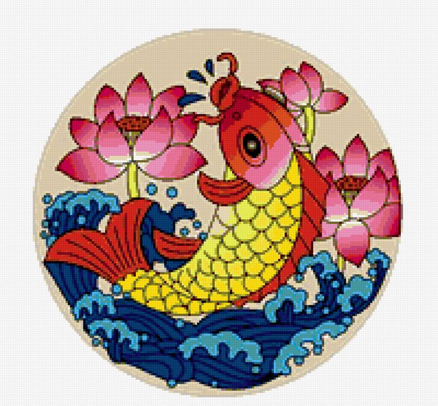 подушка - волны, лотос, рыба, вода - предпросмотр