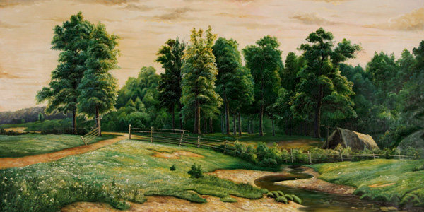 Родные просторы - лет, деревья, тропинка, домик, река - оригинал