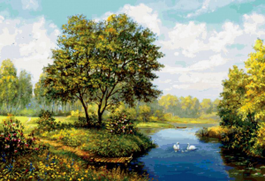 летний пейзаж - лето, река, деревья, природа, лебеди, вода - предпросмотр