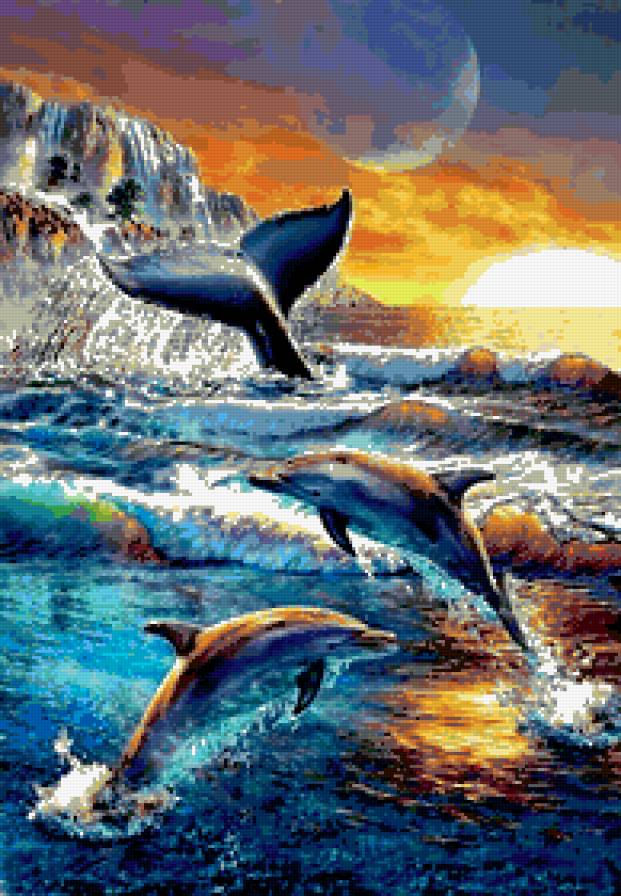 дельфины - подводный мир, природа, дельфин, море, горы, солнце - предпросмотр