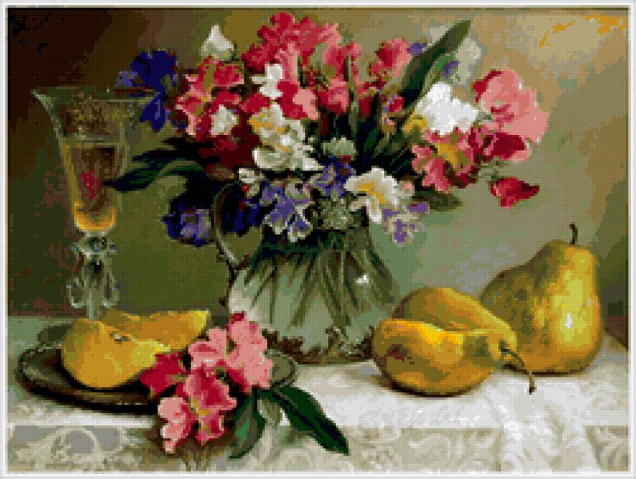цветы - ваза, красота, цветы, букет, весенние цветы, натюрморт, бокал, грушы - предпросмотр