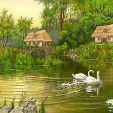 Оригинал схемы вышивки «Пейзаж, лес, река, деревня» (№378867)