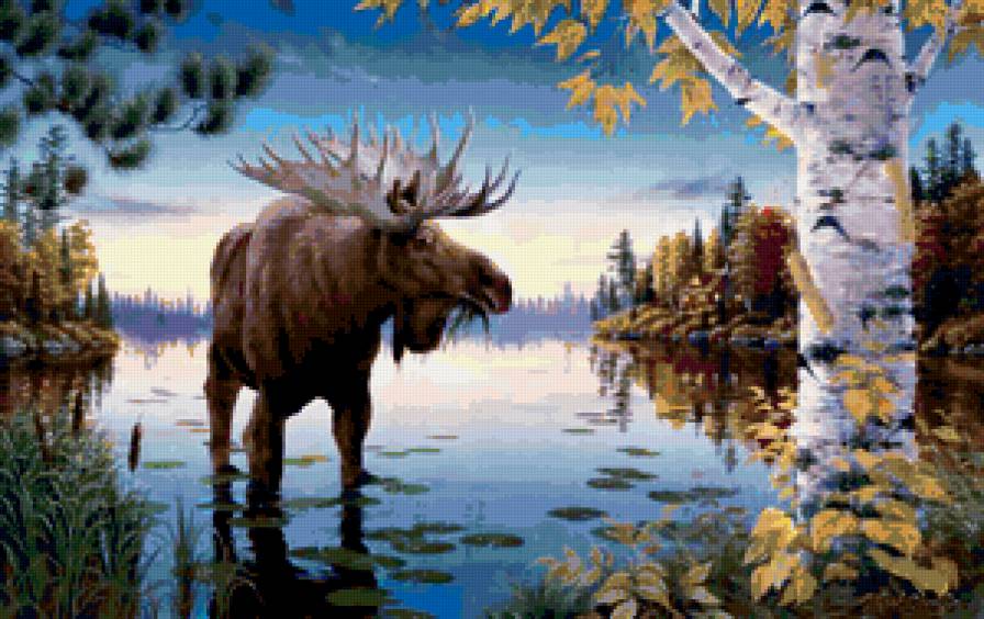 Пейзаж, лес, река, лось - пейзаж, река, лось, лес - предпросмотр