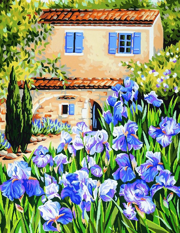 Домик и ирисы - домик, цветы, ирис, домики, природа, райский уголок - оригинал