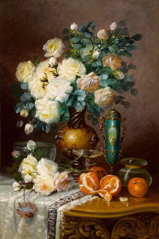 №379106 - цветы, букет, розы, натюрморт, фрукты, живопись - оригинал