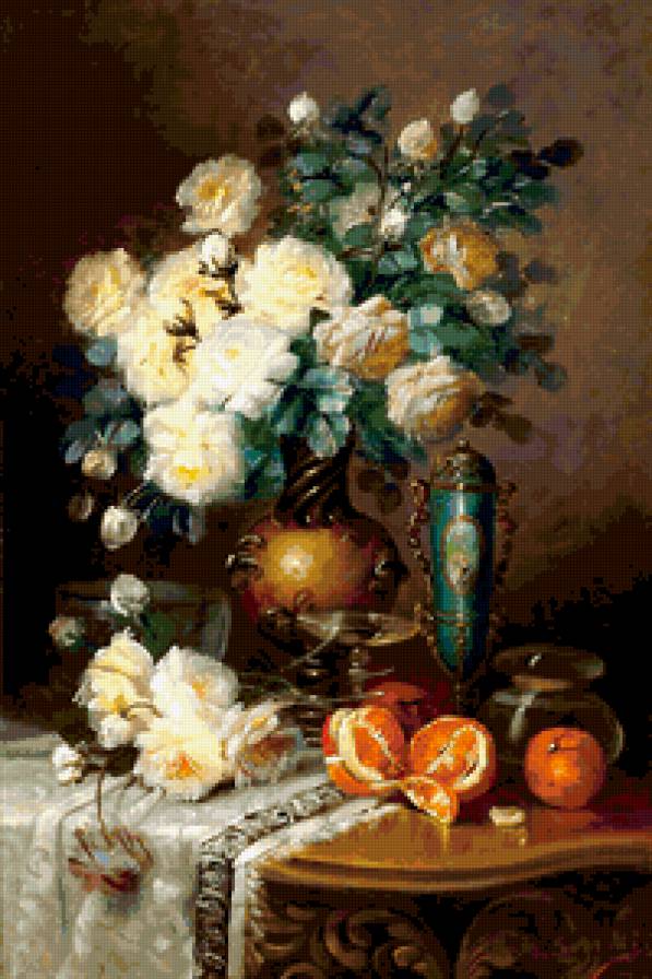 №379106 - розы, натюрморт, фрукты, цветы, букет, живопись - предпросмотр