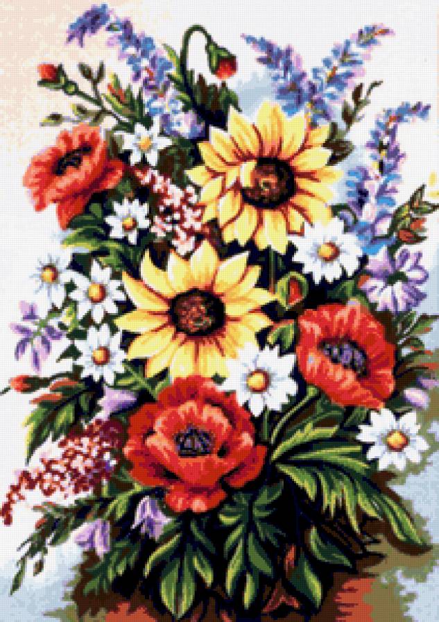 Летний букет - ромашки, дельфиниум, лето, флора, букет, подсолнухи, маки - предпросмотр