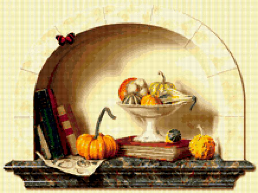 на полочке - книги, тыковки - предпросмотр