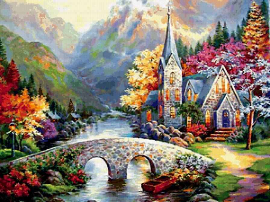 Домик в горах - горы, река, домики, пейзаж - предпросмотр