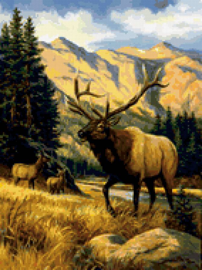 0113 - красота, лось, животные, лес, лето, картина, горы, природа - предпросмотр