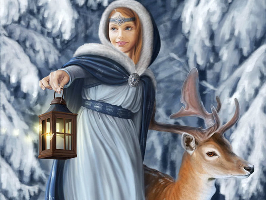 Девочка с оленем - олень, лес, зима, девочка - оригинал