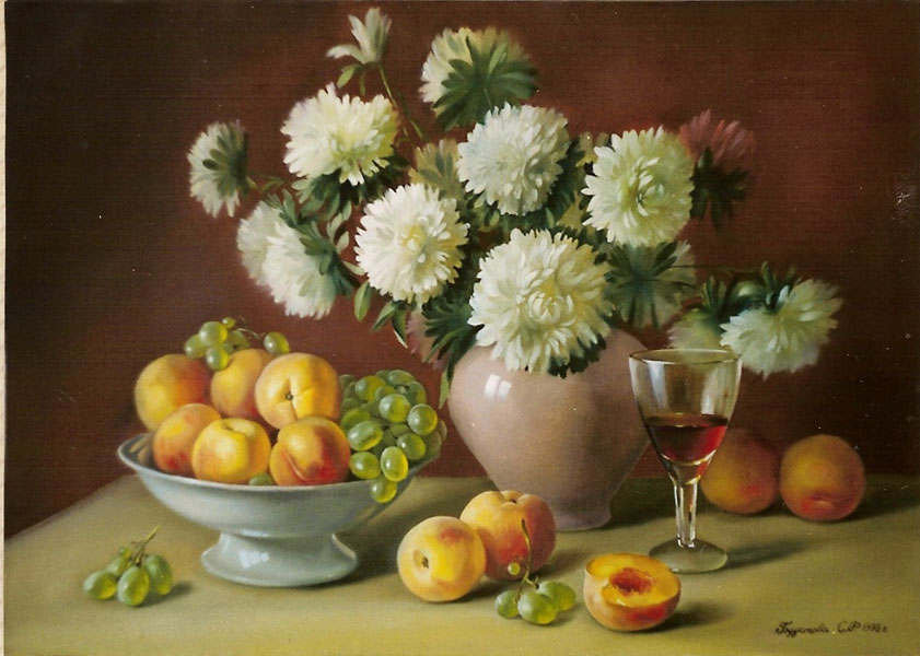Натюрморт - фрукты, бокал, хризантемы - оригинал