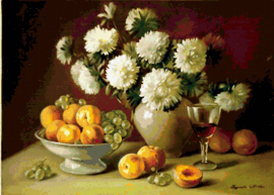Натюрморт - бокал, хризантемы, фрукты - предпросмотр