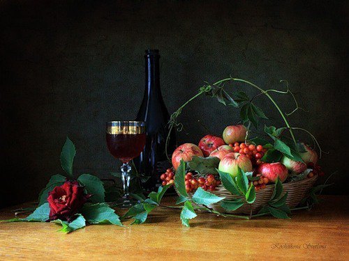 №381240 - цветы, вино, фрукты, розы, натюрморт - оригинал