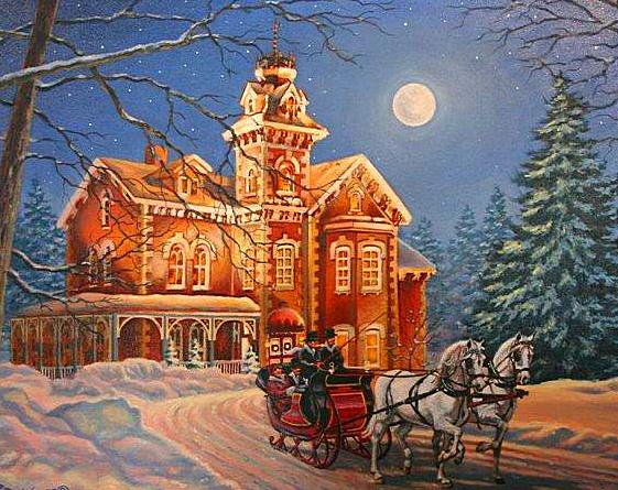 Лунной ночью - зима, ночь, домик, картина - оригинал