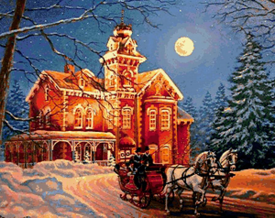 Лунной ночью - ночь, домик, картина, зима - предпросмотр