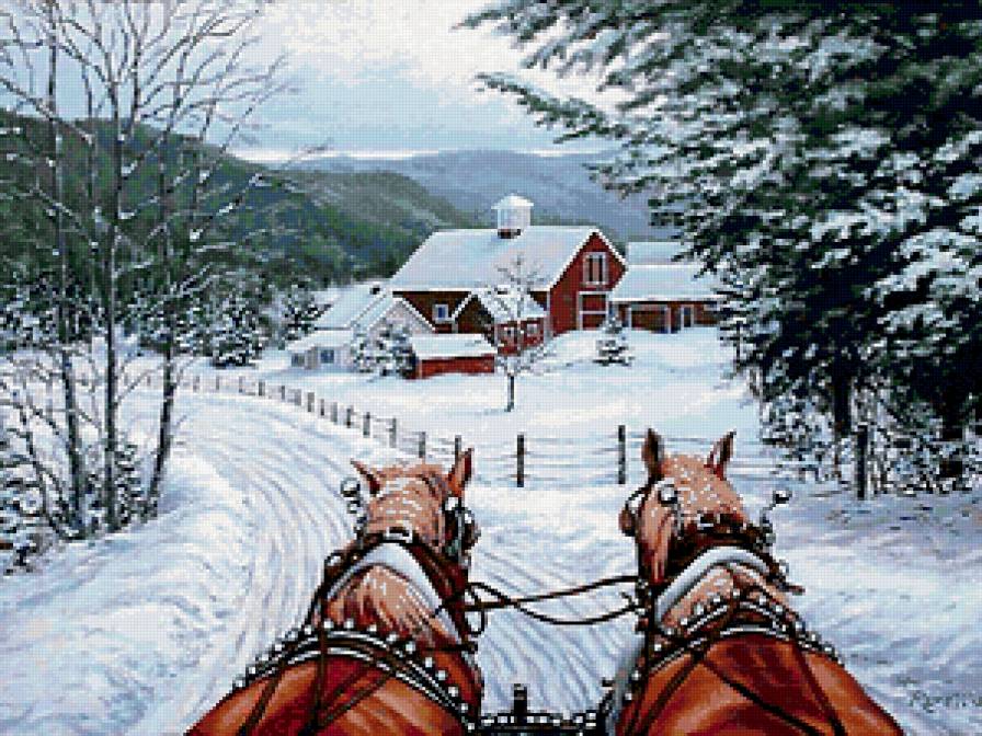 Дорогой длинною - зима, кони, дома, дорога - предпросмотр