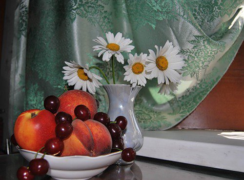 №381946 - букет, фрукты, ромашки, натюрморт, ягоды, цветы - оригинал