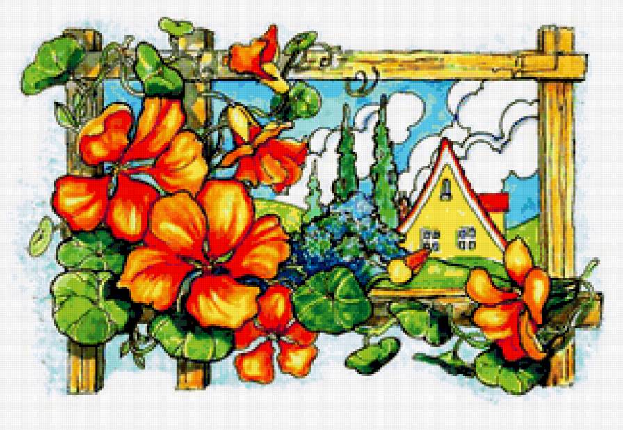 домик в саду - настурция, пейзаж, цветы, природа, домик, сад - предпросмотр