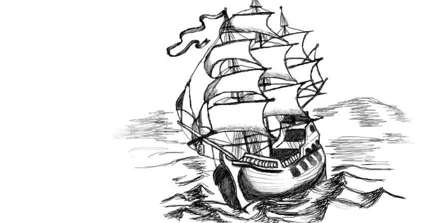 Корабль - паруса, корабль, парусник, черно-белое - оригинал