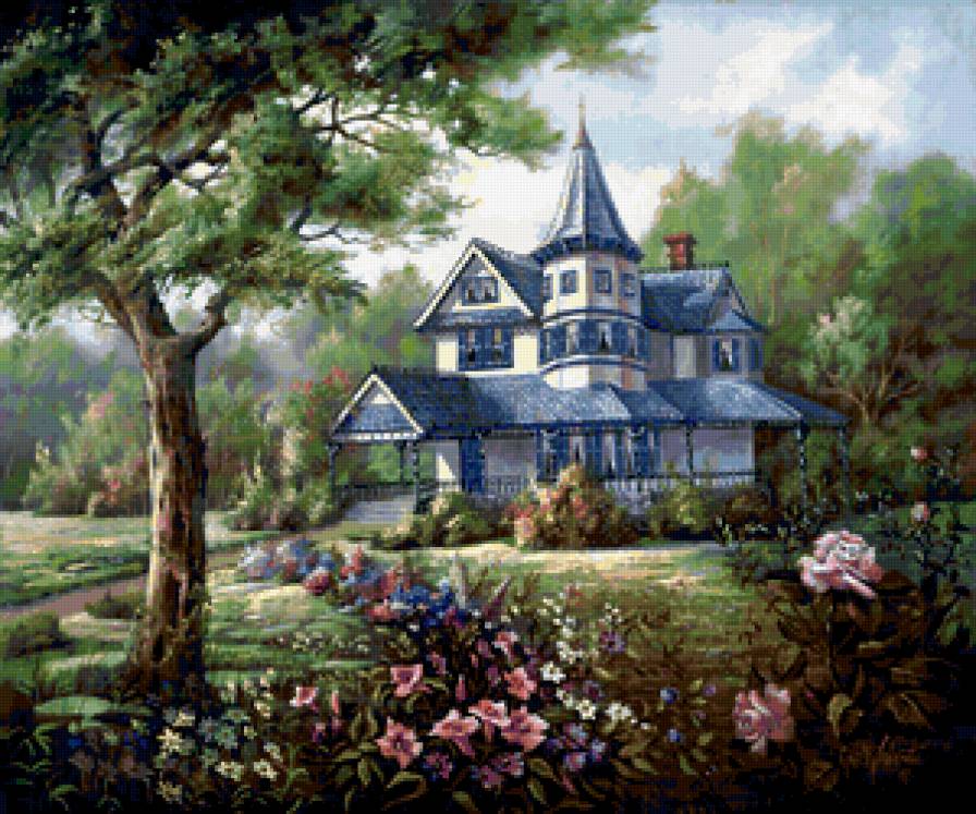 дачный домик - пейзаж, цветы, лето, природа - предпросмотр