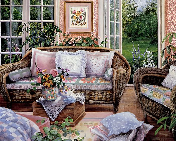 картина - подушки, цветы, диван - оригинал