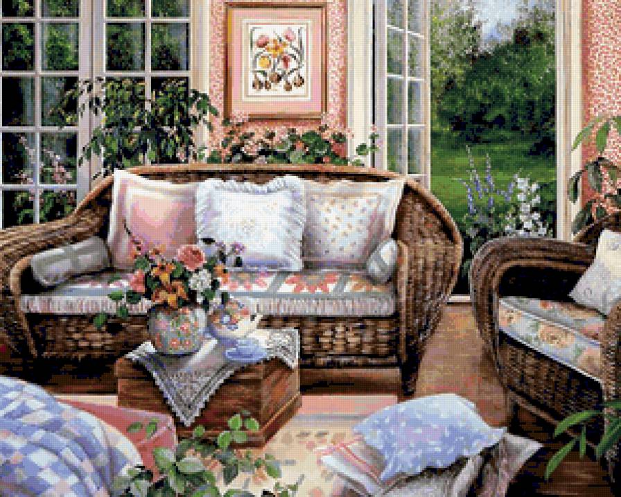 картина - диван, подушки, цветы - предпросмотр