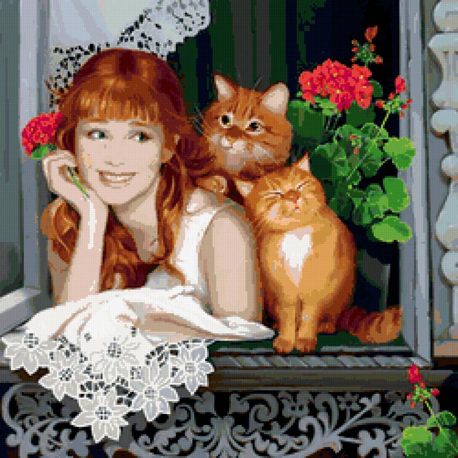 кошки на окошке - кошка, окно, кот, зверь, цветок, уют, кошки, девушка, хищник - предпросмотр