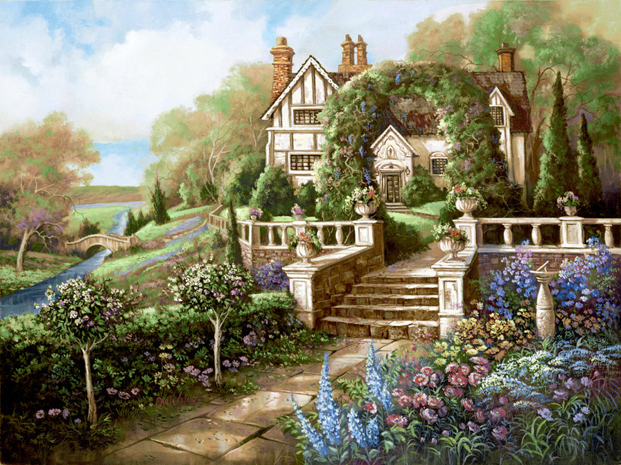 дачный домик - пейзаж, цветы, природа, лето - оригинал